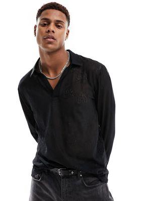 Black Lace Long Sleeve Deep V-Neck Polo Shirt