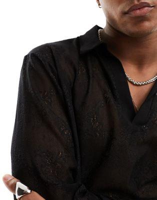 Black Lace Long Sleeve Deep V-Neck Polo Shirt