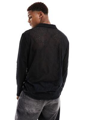 Black Lace Long Sleeve Deep V-Neck Polo Shirt