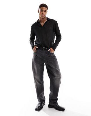 Black Lace Long Sleeve Deep V-Neck Polo Shirt