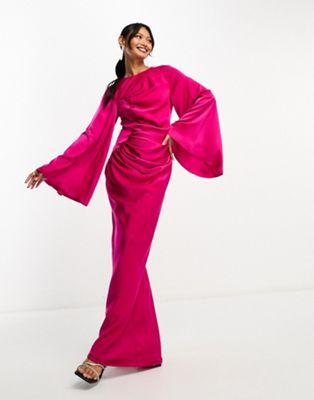 Bright Pink Satin Ruched Maxi Dress
