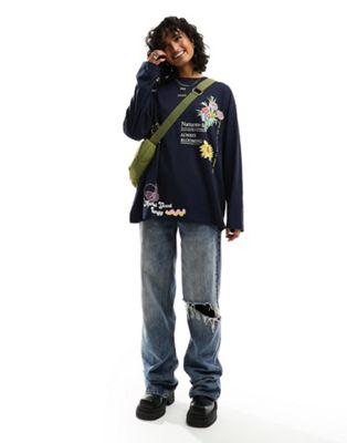 Botanical Graphic Long Sleeve Skater Top in Navy