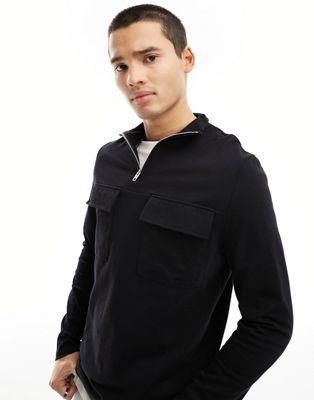 Black Cotton Half Zip Funnel Neck Top