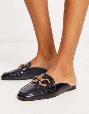 Black Croc Flat Mules with Gold Chain
