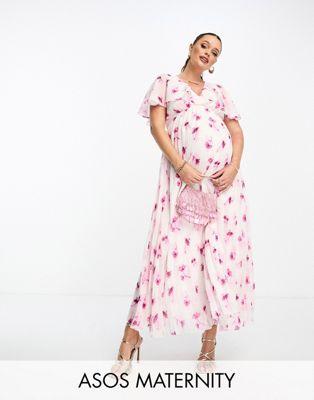 Maternity Angel Sleeve Floral Midi Dress in Pale Pink