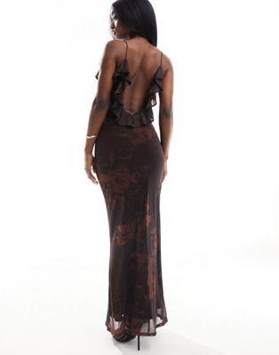 Brown Marble Mesh Ruffle Back Maxi Dress