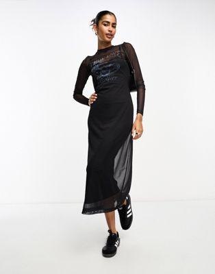 Black Mesh Graphic Long Sleeve Midi Dress