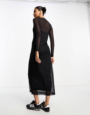 Black Mesh Graphic Long Sleeve Midi Dress