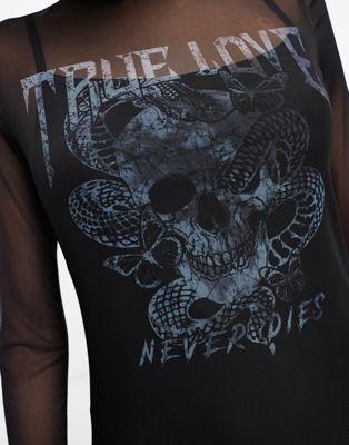 Black Mesh Graphic Long Sleeve Midi Dress