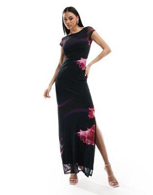 Abstract Print Mesh Sleeveless Maxi Dress