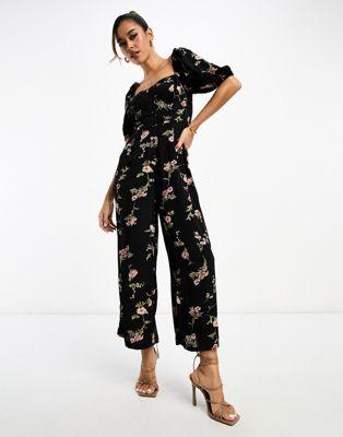 Black Floral Print Milkmaid Jumpsuit