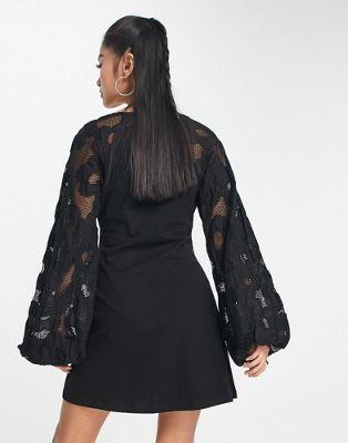 Black Embroidered Mini Dress with Crochet Puff Sleeves