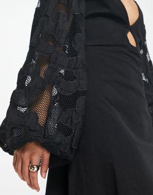 Black Embroidered Mini Dress with Crochet Puff Sleeves