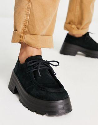 Black Suede Chunky Lace-Up Flats