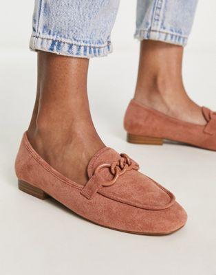 Apricot Faux-Suede Loafers with Chain Detail