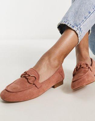 Apricot Faux-Suede Loafers with Chain Detail