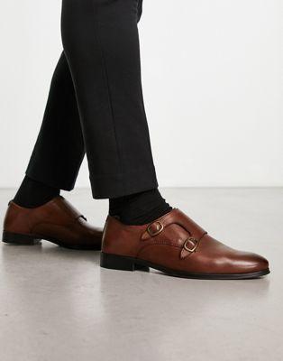 Brown Leather Monk Strap Shoes for Men
