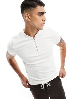 Beige Ribbed Muscle Fit T-Shirt with Silver Zip
