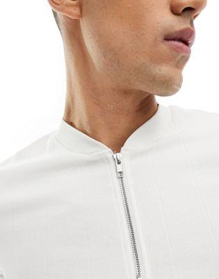 Beige Ribbed Muscle Fit T-Shirt with Silver Zip