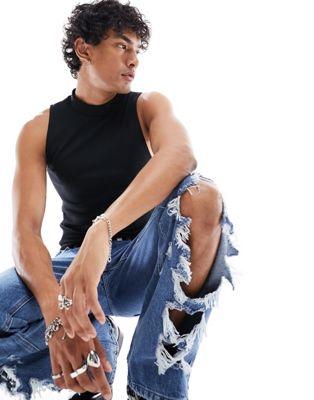 Black Ribbed Turtle Neck Muscle Fit Tank Top