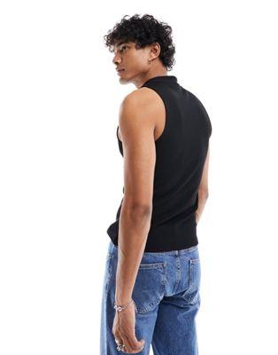 Black Ribbed Turtle Neck Muscle Fit Tank Top