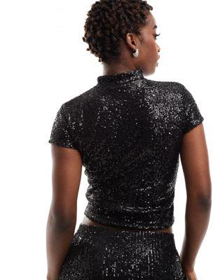 Black Sequin Keyhole Collared Cropped Top