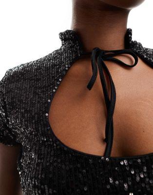 Black Sequin Keyhole Collared Cropped Top