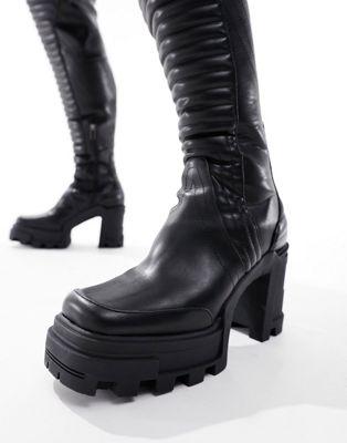 Black Faux Leather Over The Knee Block Heel Boots