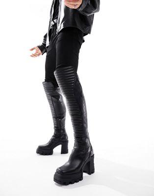 Black Faux Leather Over The Knee Block Heel Boots