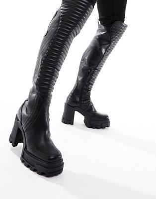 Black Faux Leather Over The Knee Block Heel Boots