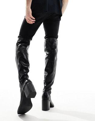 Black Faux Leather Over-the-Knee Block Heel Boots