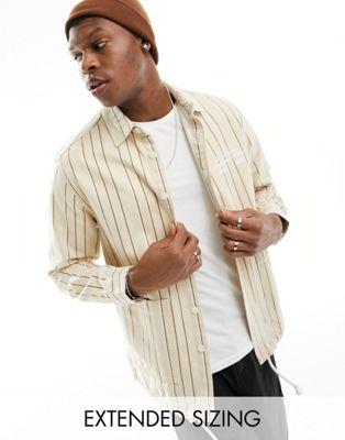 Beige Canvas Stripe Overshirt with Embroidery