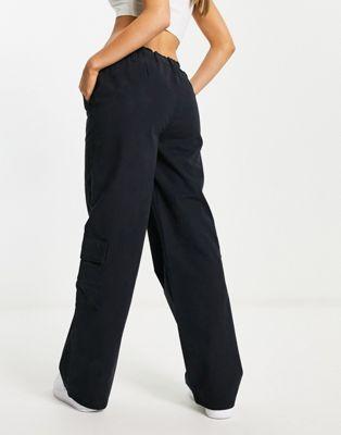 Black Cotton Twill Cargo Pants with Tie Waist