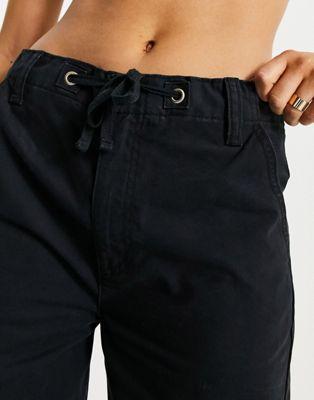 Black Cotton Twill Cargo Pants with Tie Waist