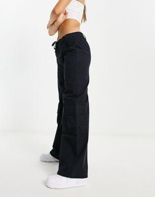 Black Cotton Twill Cargo Pants with Tie Waist