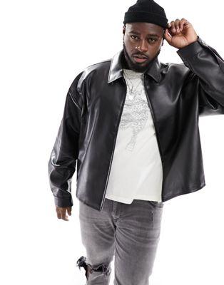 Black Faux Leather Oversized Cropped Coach Jacket