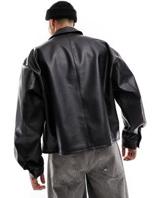 Black Faux Leather Oversized Cropped Coach Jacket