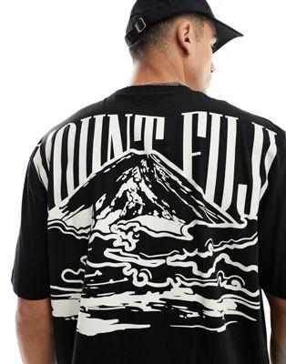 Black Oversized Cotton T-Shirt with Mountain Back Print