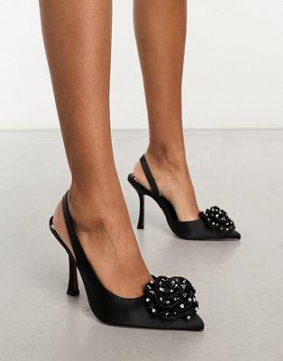 Black Satin Corsage Slingback High Heels
