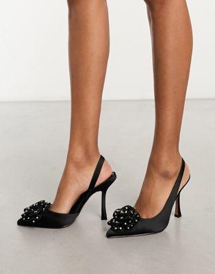 Black Satin Corsage Slingback High Heels