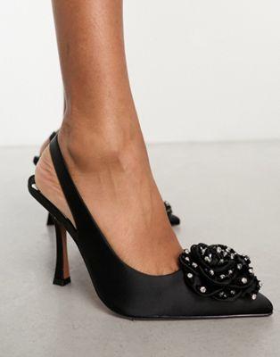 Black Satin Corsage Slingback High Heels