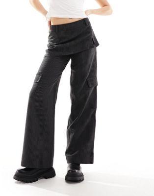 Black Pinstripe Pants with Skirt Detail