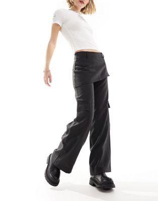 Black Pinstripe Pants with Skirt Detail