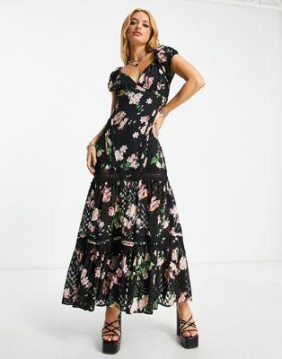 Black Floral Pintuck Maxi Dress with Lace Inserts