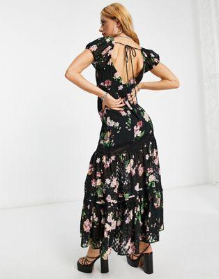 Black Floral Pintuck Maxi Dress with Lace Inserts