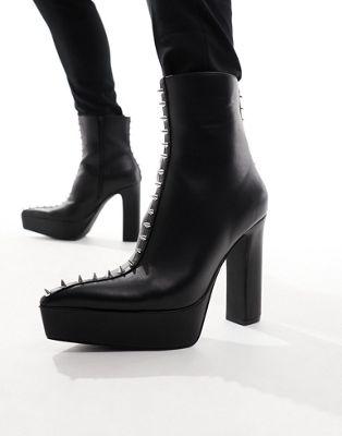 Black Faux Leather Studded Platform Heeled Boots