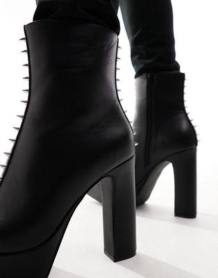 Black Faux Leather Studded Platform Heeled Boots