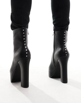 Black Faux Leather Studded Platform Heeled Boots