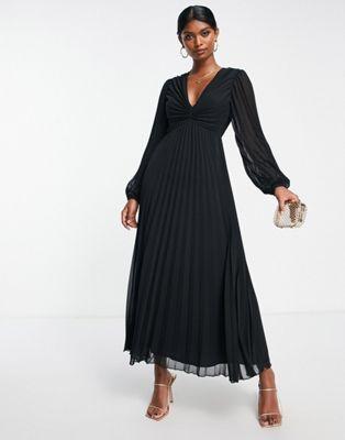 Black Pleated Bodice Plunge Neck Midi Dress