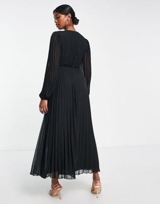 Black Pleated Bodice Plunge Neck Midi Dress